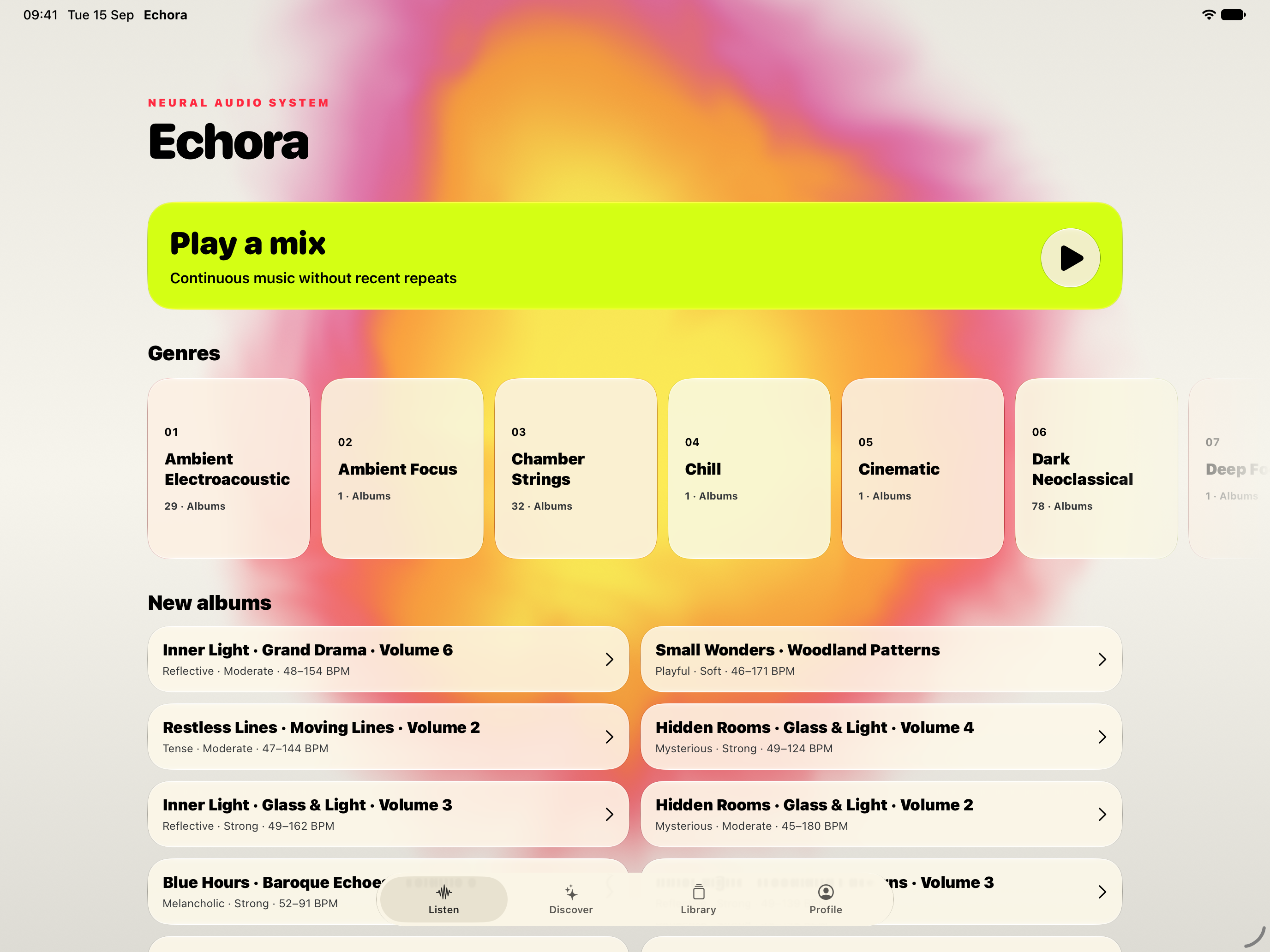 Updated Echora Listen screen on iPad Pro 13-inch M5 with iPadOS 27, landscape and light appearance