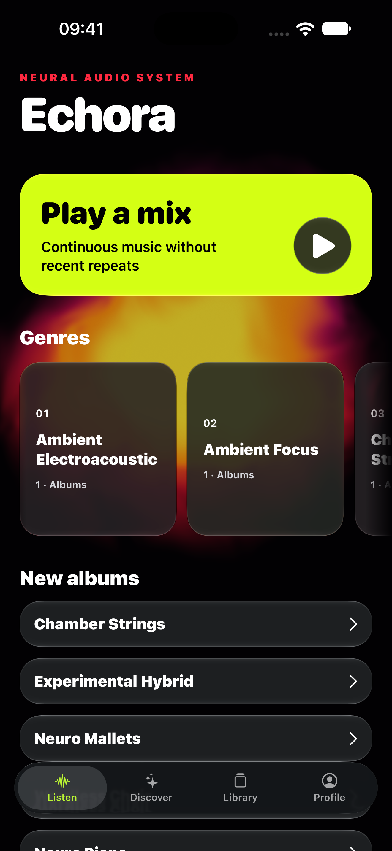 Echora Listen screen on iPhone 18 Pro Max with iOS 27, dark appearance