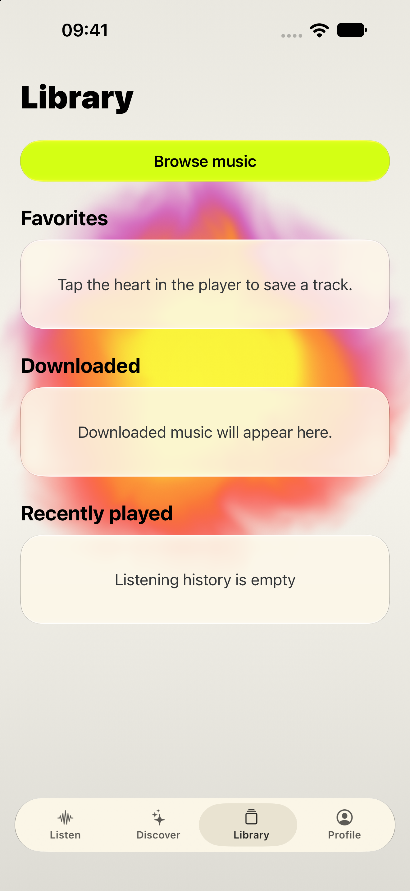 Echora empty Library with Browse music and guidance for favorites and downloads on iPhone 18 Pro Max