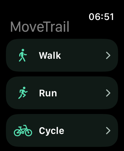 MoveTrail Walk, Run, and Cycle selection on Apple Watch